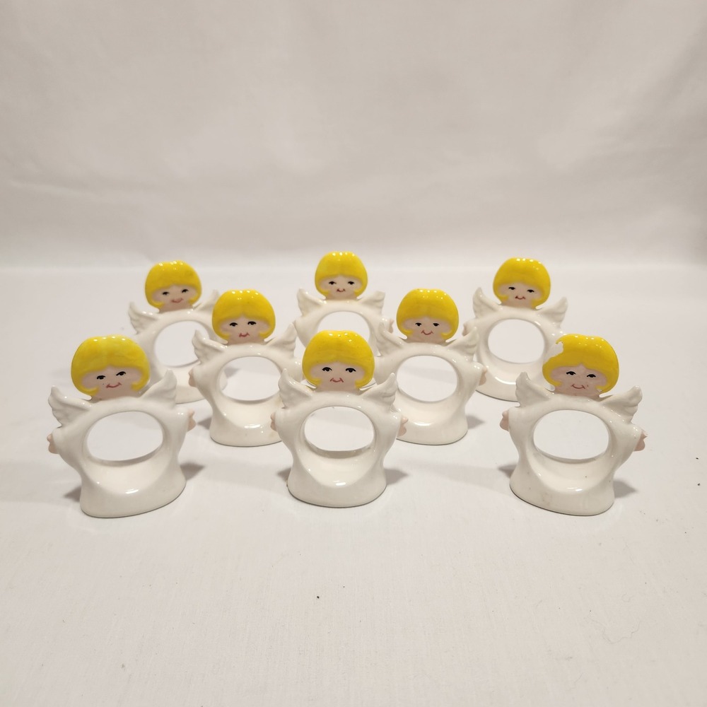Vintage Ceramic Angel Napkin Rings Set of 8 Blonde Cherub Christmas White Yellow
